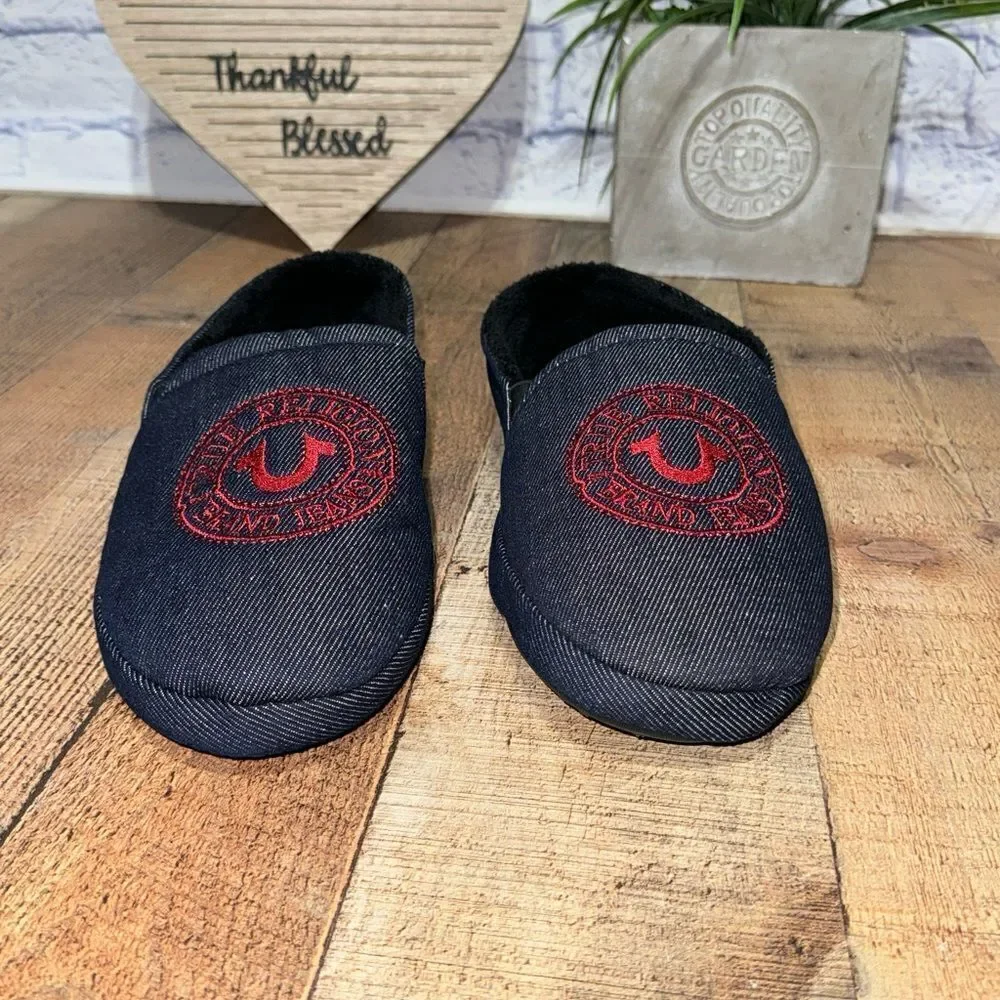 Men's True Religion Brand Jeans Blue Denim Red Logo Slippers Sz L 11/12